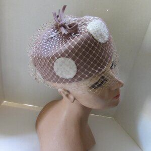 SALE Vintage Topper Hat Taupe Tone Velour with Cream Applied Circles